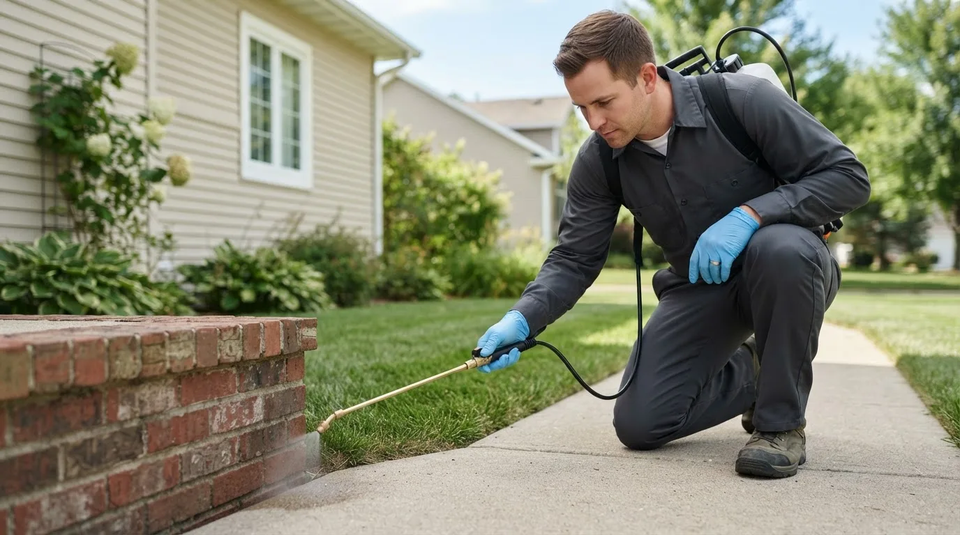 Pest control technician treating a home near Granton, WI