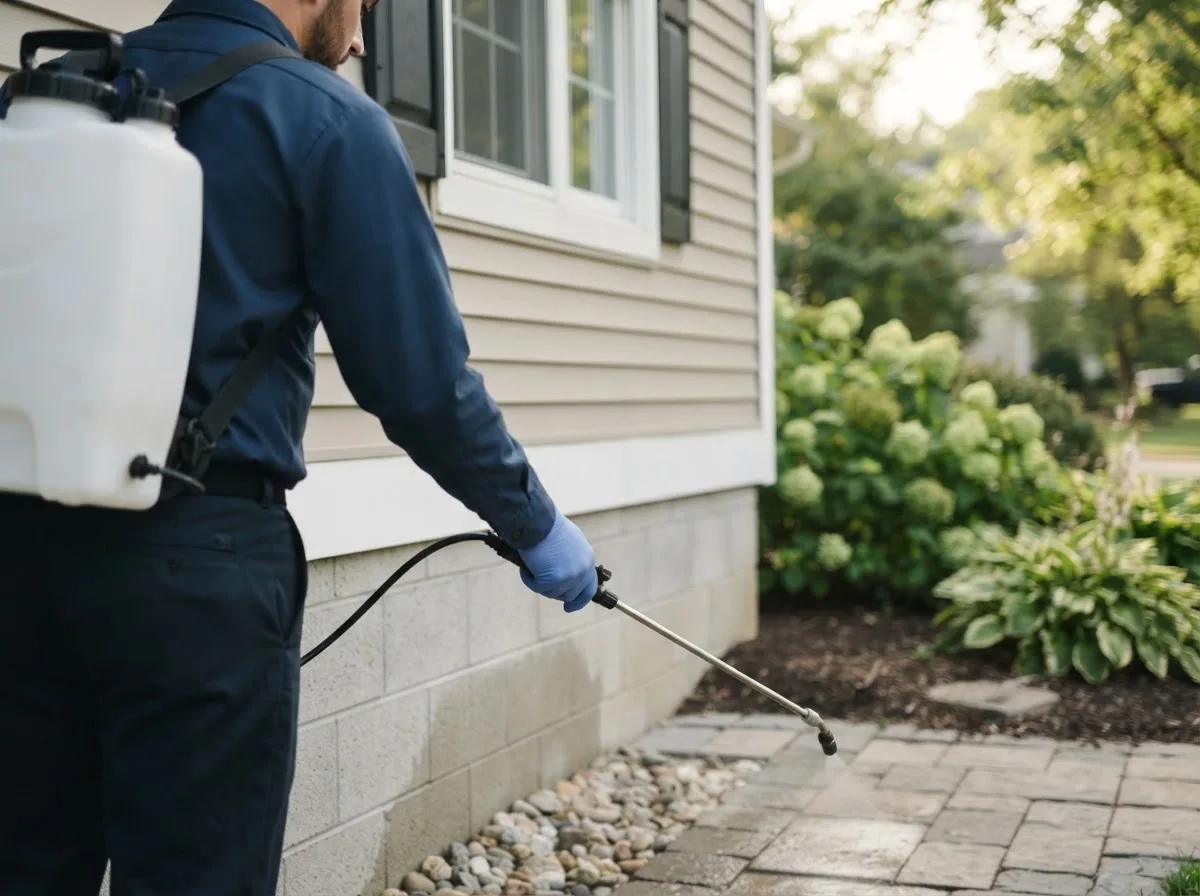 Pest control technician inspecting a home in Granton, WI